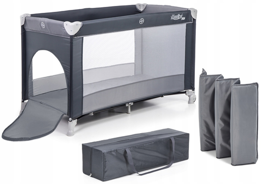 Patut Turistic pliabil Ideal Travel, Design solid si elastic, constructie solida in 7 puncte, saltea moale si pliabila, geanta transport inclusa, Gri