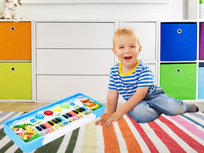 Pian Interactiv ANIMAL SONG TEACH, Decorat cu o imagine frumoasa ce dezvolta un Sentiment de ritm, Echipat cu Diverse functii ce ofera distractie micutilor, 14 chei Luminoase permit activarea Melodiilor si Sproresc imaginatia, Albastru