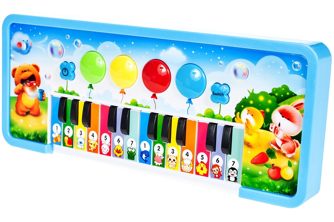 Pian Interactiv ANIMAL SONG TEACH, Decorat cu o imagine frumoasa ce dezvolta un Sentiment de ritm, Echipat cu Diverse functii ce ofera distractie micutilor, 14 chei Luminoase permit activarea Melodiilor si Sproresc imaginatia, Albastru