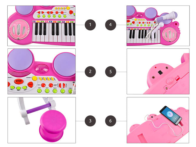 Centru de activitati Maestra Pianista cu Orga, Microfon, Scaunel, Melodii si Luminite, Difuzor incorporat, Dimensiuni 60 cm latime, 47 cm inaltime, Picioruse Antiderapante, Culoare Roz