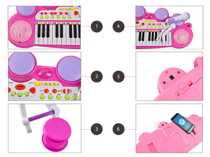 Centru de activitati Maestra Pianista cu Orga, Microfon, Scaunel, Melodii si Luminite, Difuzor incorporat, Dimensiuni 60 cm latime, 47 cm inaltime, Picioruse Antiderapante, Culoare Roz