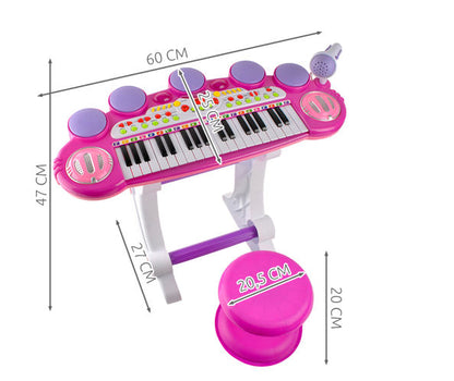 Centru de activitati Maestra Pianista cu Orga, Microfon, Scaunel, Melodii si Luminite, Difuzor incorporat, Dimensiuni 60 cm latime, 47 cm inaltime, Picioruse Antiderapante, Culoare Roz
