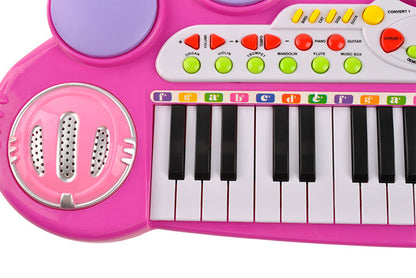 Centru de activitati Maestra Pianista cu Orga, Microfon, Scaunel, Melodii si Luminite, Difuzor incorporat, Dimensiuni 60 cm latime, 47 cm inaltime, Picioruse Antiderapante, Culoare Roz