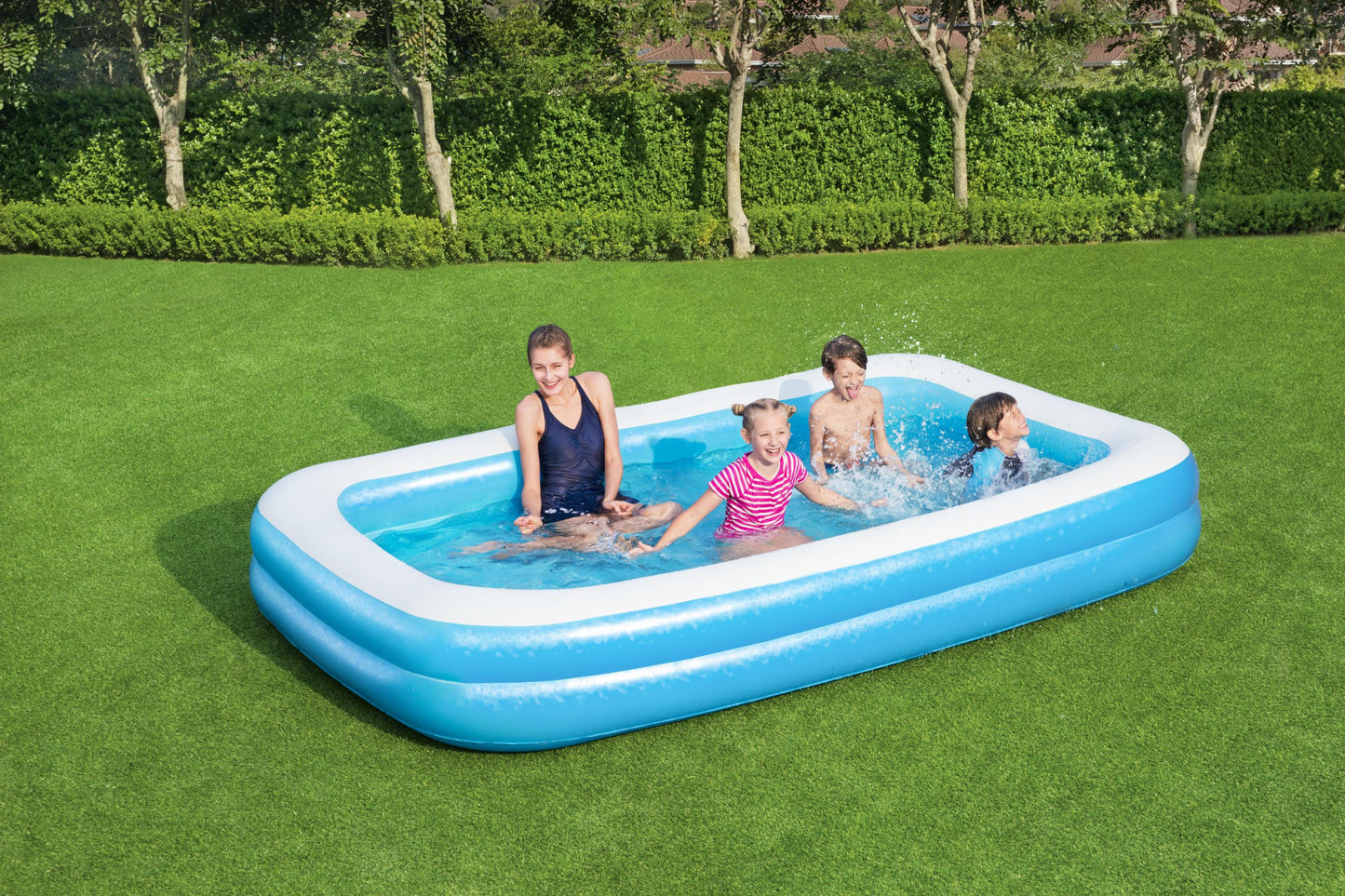 Piscina pentru familie gonflabila IDEAL Swim, Dimensiuni 305 x 183 x 46 cm, Forma rectangulara, Material PVC rezistent, Capacitate 1020 l, Culoare albastra