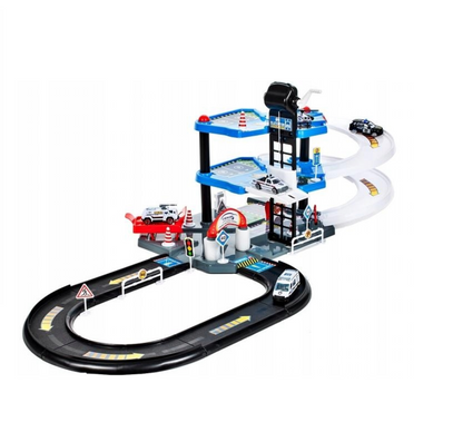 Set de joaca complex idealSTORE WORLD POLICE GARAGE, Dimensiuni 53 x 35 x 8 cm, Echipat cu Parcare auto pe 2 nivele, diverse accesorii simbolice, 4 masini de Politie si un elicopter, Spalatorie auto, Bloc rutier, Topogan