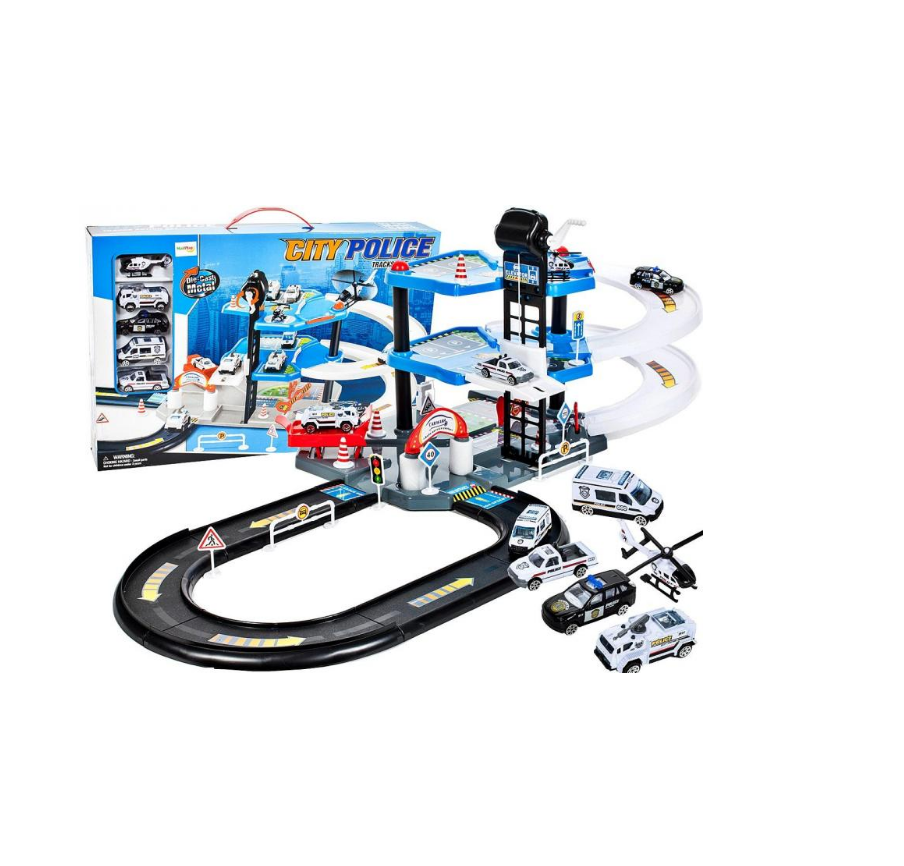 Set de joaca complex idealSTORE WORLD POLICE GARAGE, Dimensiuni 53 x 35 x 8 cm, Echipat cu Parcare auto pe 2 nivele, diverse accesorii simbolice, 4 masini de Politie si un elicopter, Spalatorie auto, Bloc rutier, Topogan
