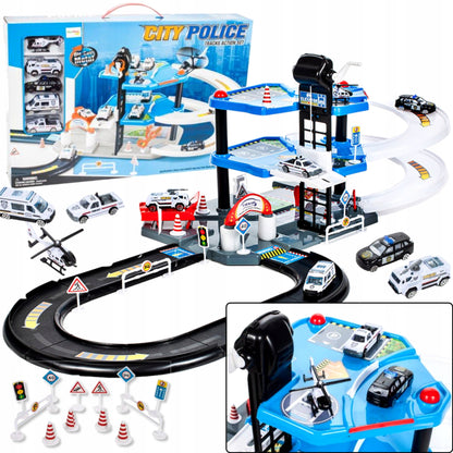 Set de joaca complex idealSTORE WORLD POLICE GARAGE, Dimensiuni 53 x 35 x 8 cm, Echipat cu Parcare auto pe 2 nivele, diverse accesorii simbolice, 4 masini de Politie si un elicopter, Spalatorie auto, Bloc rutier, Topogan