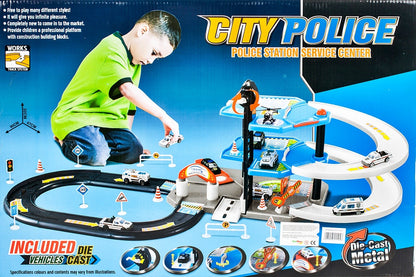 Set de joaca complex idealSTORE WORLD POLICE GARAGE, Dimensiuni 53 x 35 x 8 cm, Echipat cu Parcare auto pe 2 nivele, diverse accesorii simbolice, 4 masini de Politie si un elicopter, Spalatorie auto, Bloc rutier, Topogan