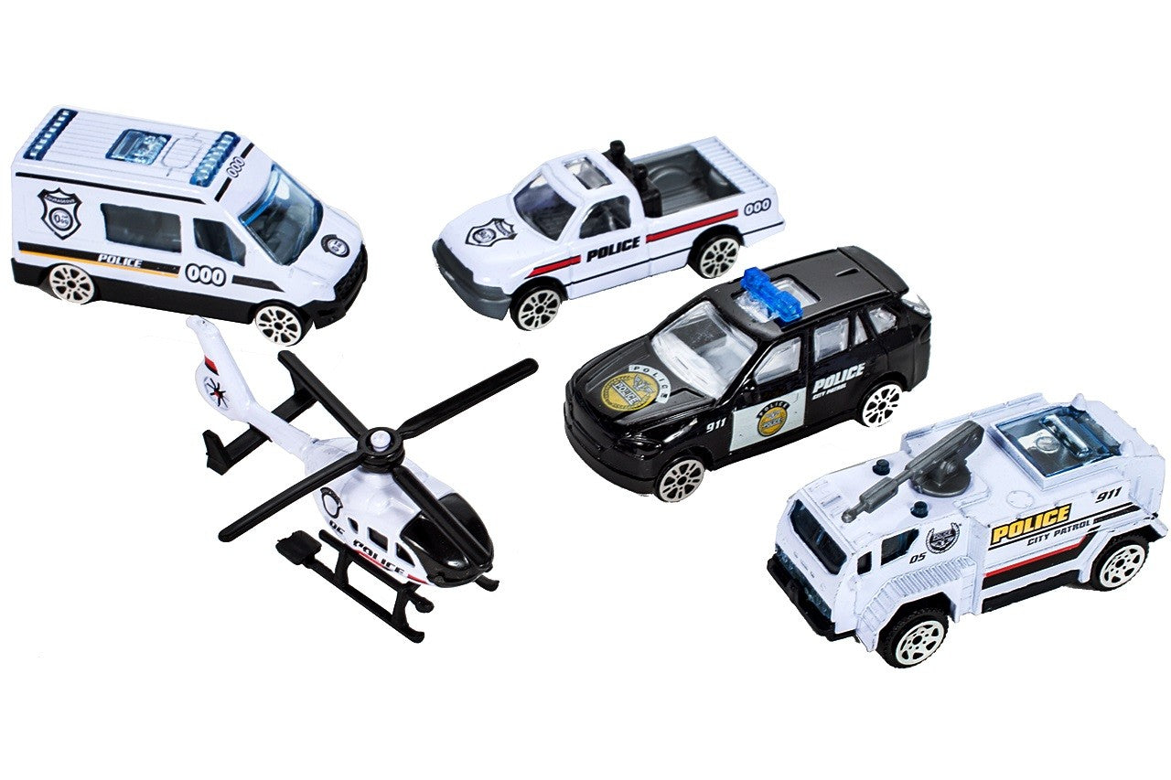 Set de joaca complex idealSTORE WORLD POLICE GARAGE, Dimensiuni 53 x 35 x 8 cm, Echipat cu Parcare auto pe 2 nivele, diverse accesorii simbolice, 4 masini de Politie si un elicopter, Spalatorie auto, Bloc rutier, Topogan