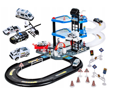 Set de joaca complex idealSTORE WORLD POLICE GARAGE, Dimensiuni 53 x 35 x 8 cm, Echipat cu Parcare auto pe 2 nivele, diverse accesorii simbolice, 4 masini de Politie si un elicopter, Spalatorie auto, Bloc rutier, Topogan