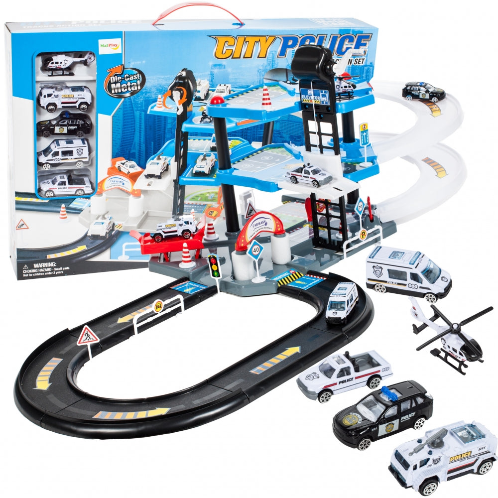 Set de joaca complex idealSTORE WORLD POLICE GARAGE, Dimensiuni 53 x 35 x 8 cm, Echipat cu Parcare auto pe 2 nivele, diverse accesorii simbolice, 4 masini de Politie si un elicopter, Spalatorie auto, Bloc rutier, Topogan