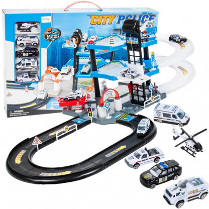 Set de joaca complex idealSTORE WORLD POLICE GARAGE, Dimensiuni 53 x 35 x 8 cm, Echipat cu Parcare auto pe 2 nivele, diverse accesorii simbolice, 4 masini de Politie si un elicopter, Spalatorie auto, Bloc rutier, Topogan