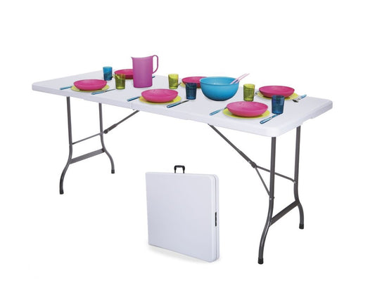 Masa Pliabila Tip VALIZA IDL, WHITE DELUXE-Colectie 2019, Dimensiuni: 180 x 74 x 70 cm, Constructie din OTEL, acoperita cu pulbere, cu Bloc Stabilizator, Ideala pentru interior/exterior, Posibilitatea de pliere rapida a mesei intr-o valiza cu maner