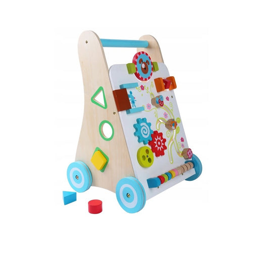 Premergator din LEMN cu Centru de Activitati IDL, FUNNY Figurines, Modeleaza armonios Dezvoltarea COGNITIVA a micutului, Fiecare element are o functionalitate si un caracter diferit ce ii ajuta sa descopere lumea din jurul lor, Albastru