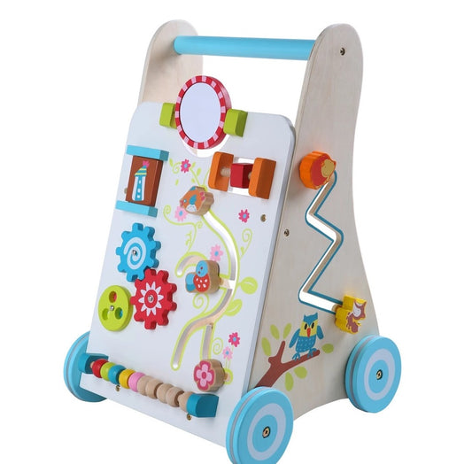 Premergator din LEMN cu Centru de Activitati IDL, FUNNY Figurines, Modeleaza armonios Dezvoltarea COGNITIVA a micutului, Fiecare element are o functionalitate si un caracter diferit ce ii ajuta sa descopere lumea din jurul lor, Albastru