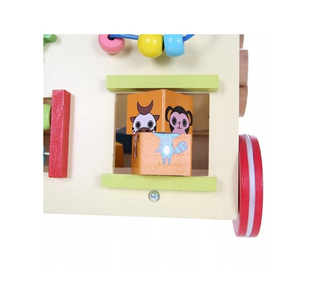 Premergator din LEMN cu Centru de Activitati IDL, FUNNY Figurines, Modeleaza armonios Dezvoltarea COGNITIVA a micutului, Fiecare element are o functionalitate si un caracter diferit ce ii ajuta sa descopere lumea din jurul lor, Rosu