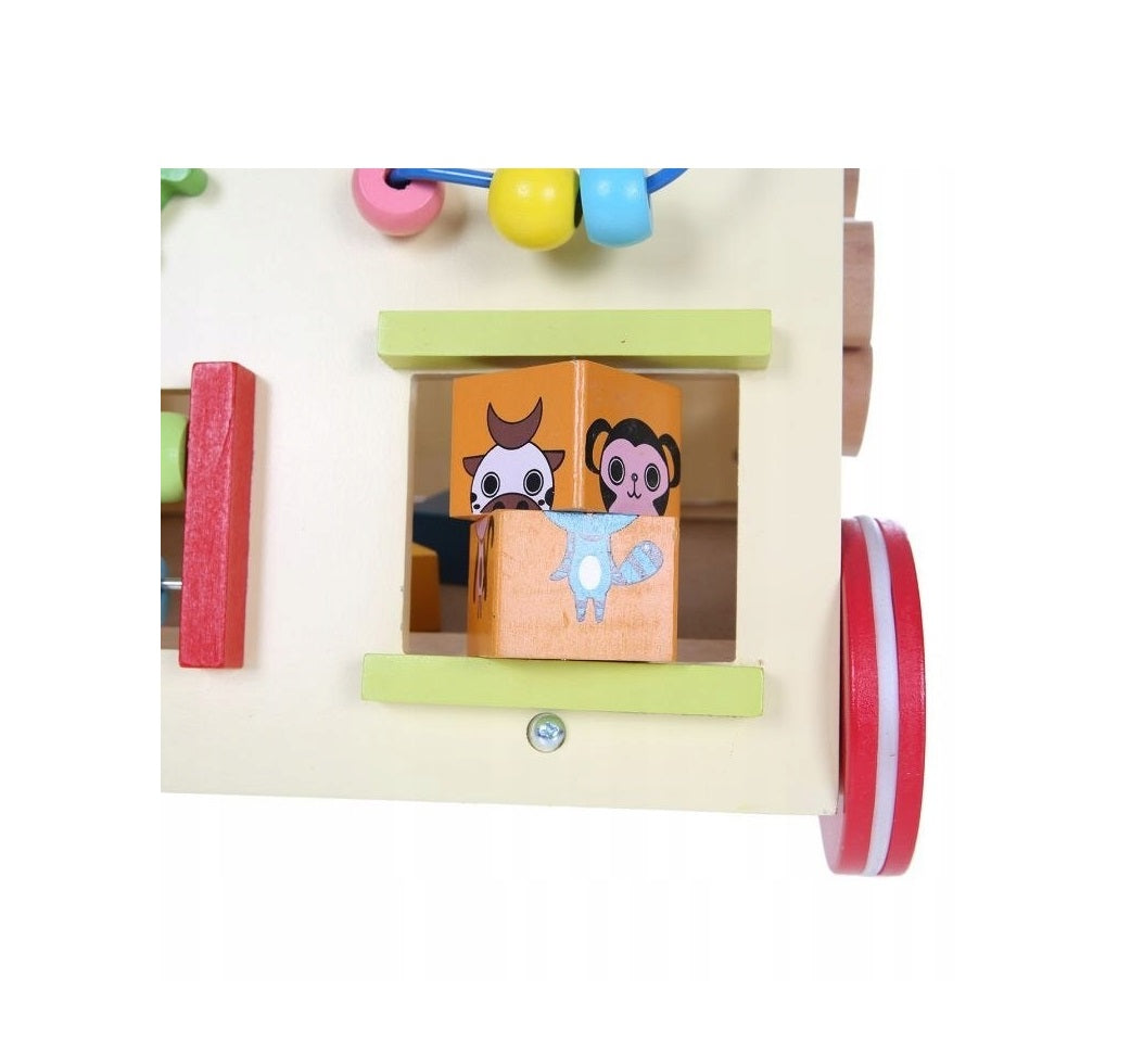 Premergator din LEMN cu Centru de Activitati IDL, FUNNY Figurines, Modeleaza armonios Dezvoltarea COGNITIVA a micutului, Fiecare element are o functionalitate si un caracter diferit ce ii ajuta sa descopere lumea din jurul lor, Rosu