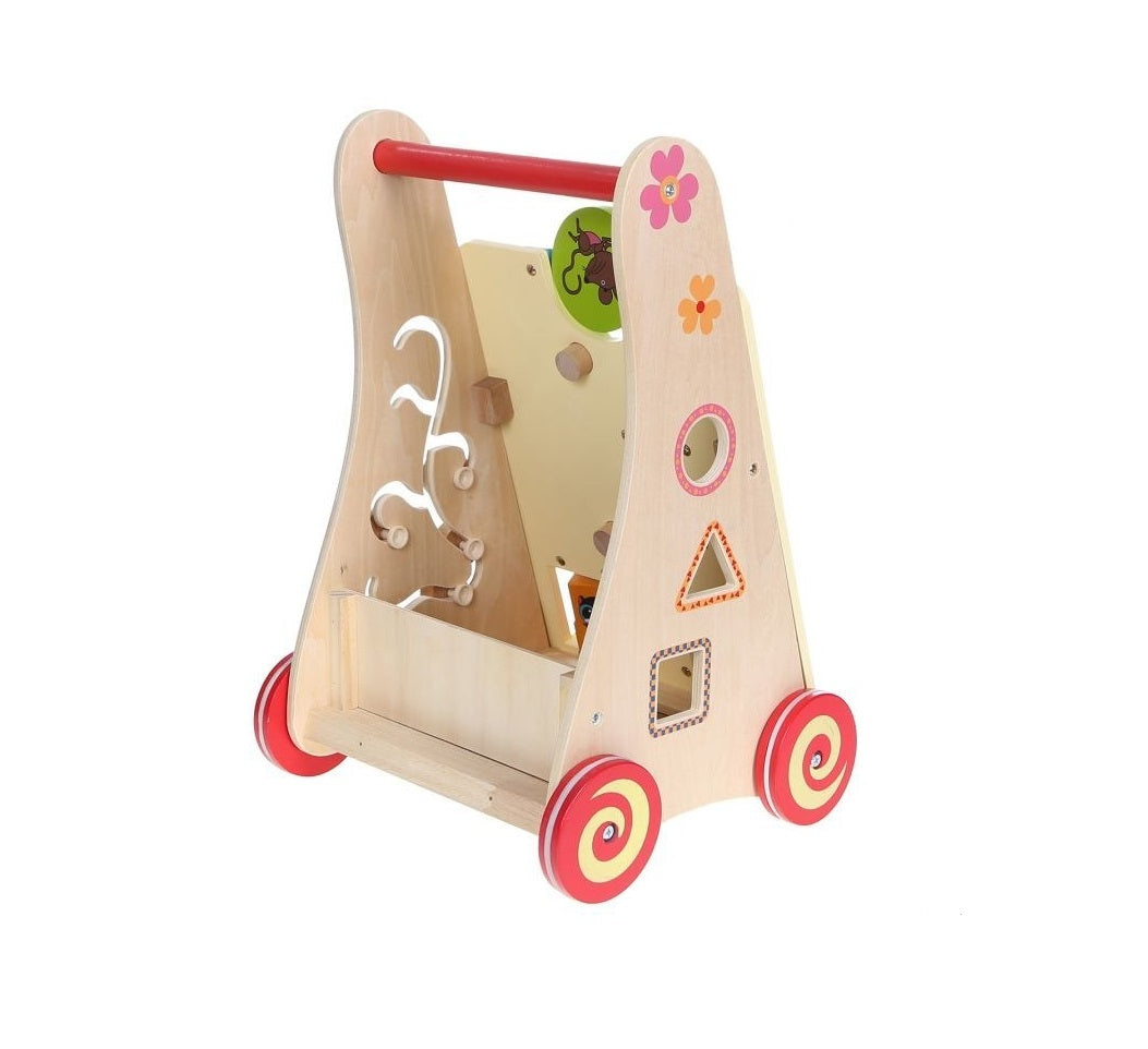 Premergator din LEMN cu Centru de Activitati IDL, FUNNY Figurines, Modeleaza armonios Dezvoltarea COGNITIVA a micutului, Fiecare element are o functionalitate si un caracter diferit ce ii ajuta sa descopere lumea din jurul lor, Rosu