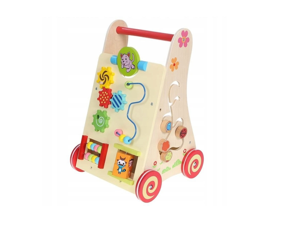 Premergator din LEMN cu Centru de Activitati IDL, FUNNY Figurines, Modeleaza armonios Dezvoltarea COGNITIVA a micutului, Fiecare element are o functionalitate si un caracter diferit ce ii ajuta sa descopere lumea din jurul lor, Rosu