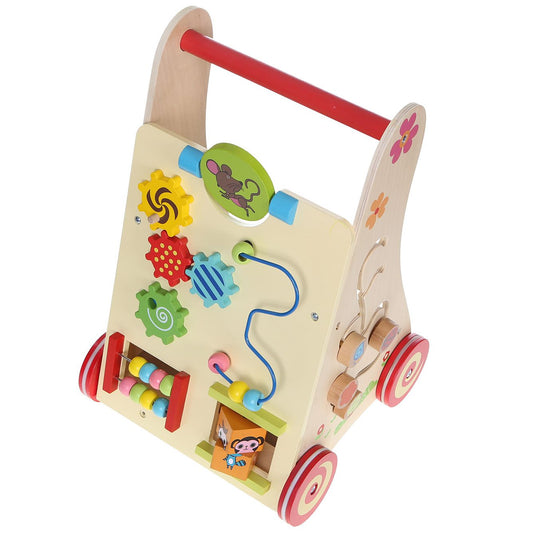 Premergator din LEMN cu Centru de Activitati IDL, FUNNY Figurines, Modeleaza armonios Dezvoltarea COGNITIVA a micutului, Fiecare element are o functionalitate si un caracter diferit ce ii ajuta sa descopere lumea din jurul lor, Rosu