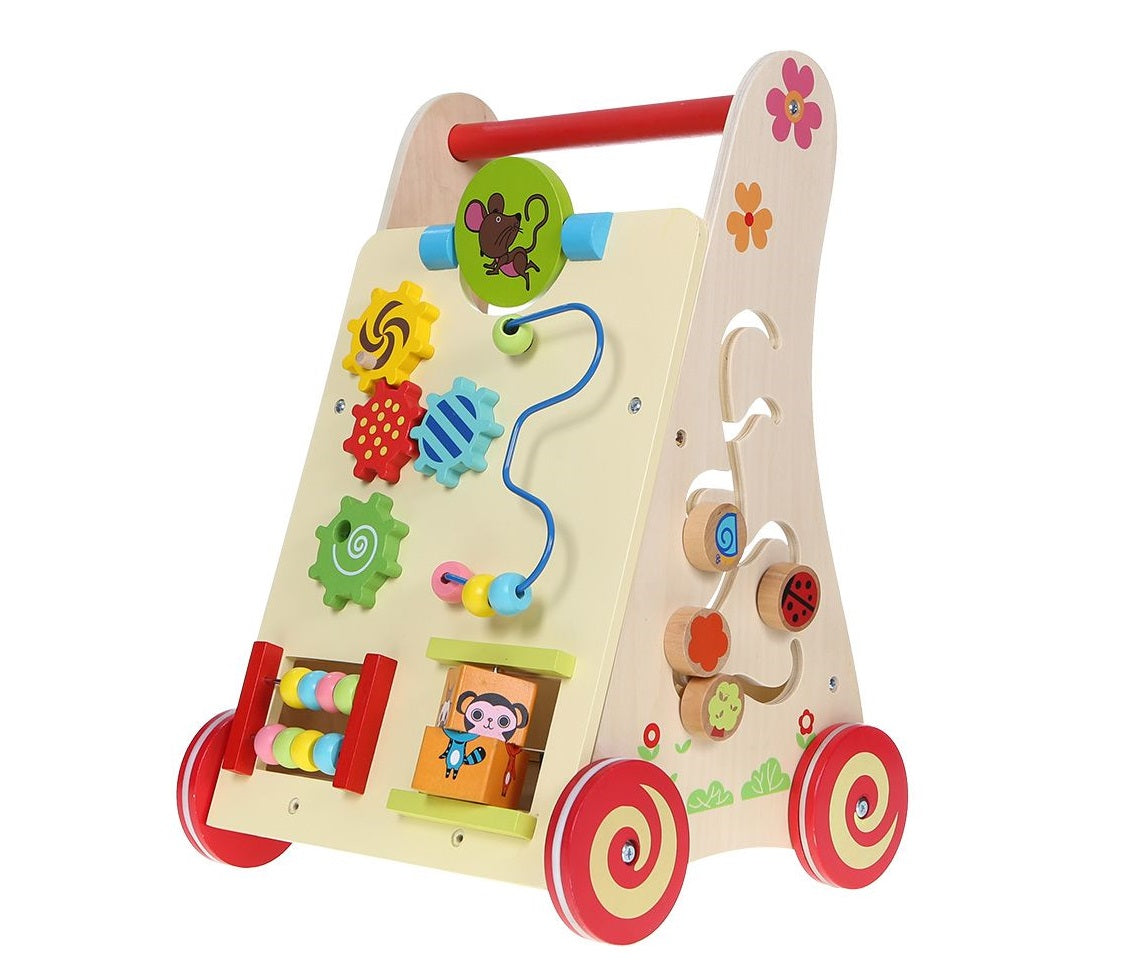Premergator din LEMN cu Centru de Activitati IDL, FUNNY Figurines, Modeleaza armonios Dezvoltarea COGNITIVA a micutului, Fiecare element are o functionalitate si un caracter diferit ce ii ajuta sa descopere lumea din jurul lor, Rosu