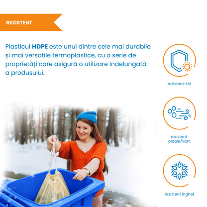 Pubela profesionala rezistenta, 120 l, IdealStore EcoPub, cu capac, roti durabile, din plastic de inalta densitate HPDE, rezistenta la inghet si la calduri mari, usor de curatat, albastru