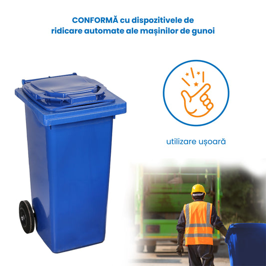 Pubela profesionala rezistenta, 120 l, IdealStore EcoPub, cu capac, roti durabile, din plastic de inalta densitate HPDE, rezistenta la inghet si la calduri mari, usor de curatat, albastru