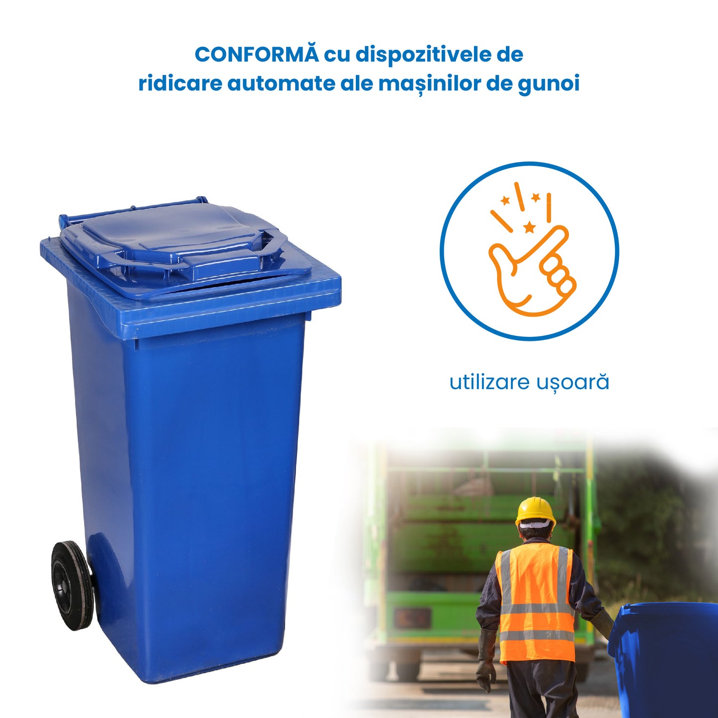 Pubela profesionala rezistenta, 240 l, IdealStore EcoPub, cu capac, roti durabile, din plastic de inalta densitate HPDE, rezistenta la inghet si la calduri mari, usor de curatat, albastru
