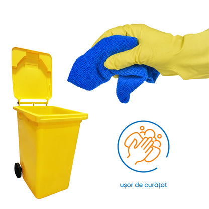 Pubela profesionala rezistenta, 120 l, IdealStore EcoPub, cu capac, roti durabile, din plastic de inalta densitate HPDE, rezistenta la inghet si la calduri mari, usor de curatat, galben