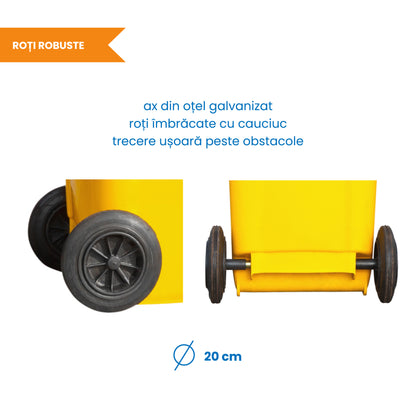 Pubela profesionala rezistenta, 120 l, IdealStore EcoPub, cu capac, roti durabile, din plastic de inalta densitate HPDE, rezistenta la inghet si la calduri mari, usor de curatat, galben
