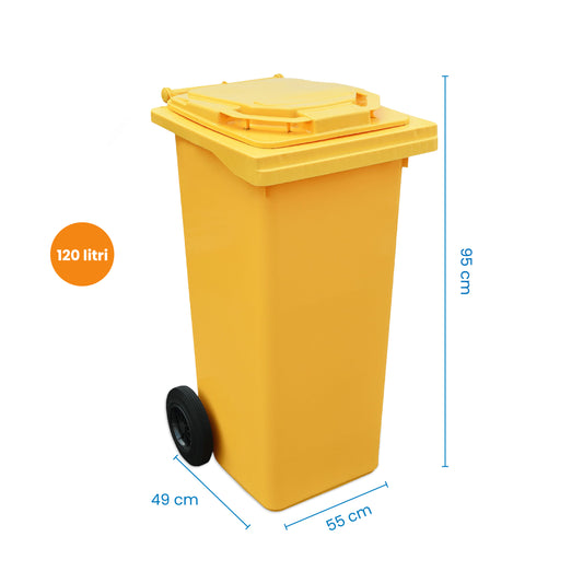 Pubela profesionala rezistenta, 120 l, IdealStore EcoPub, cu capac, roti durabile, din plastic de inalta densitate HPDE, rezistenta la inghet si la calduri mari, usor de curatat, galben