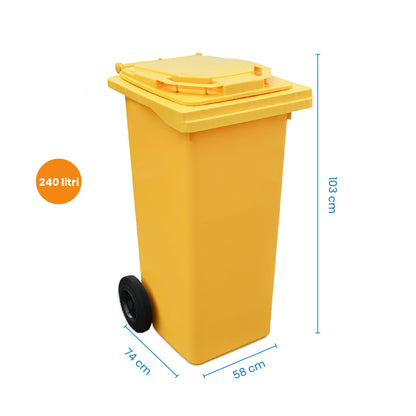 Pubela profesionala rezistenta, 240 l, IdealStore EcoPub, cu capac, roti durabile, din plastic de inalta densitate HPDE, rezistenta la inghet si la calduri mari, usor de curatat, galben