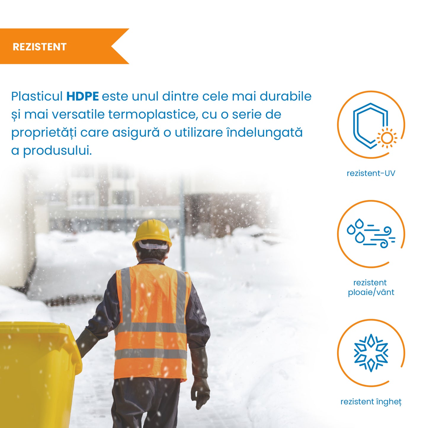 Pubela profesionala rezistenta, 240 l, IdealStore EcoPub, cu capac, roti durabile, din plastic de inalta densitate HPDE, rezistenta la inghet si la calduri mari, usor de curatat, galben