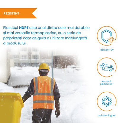 Pubela profesionala rezistenta, 240 l, IdealStore EcoPub, cu capac, roti durabile, din plastic de inalta densitate HPDE, rezistenta la inghet si la calduri mari, usor de curatat, galben
