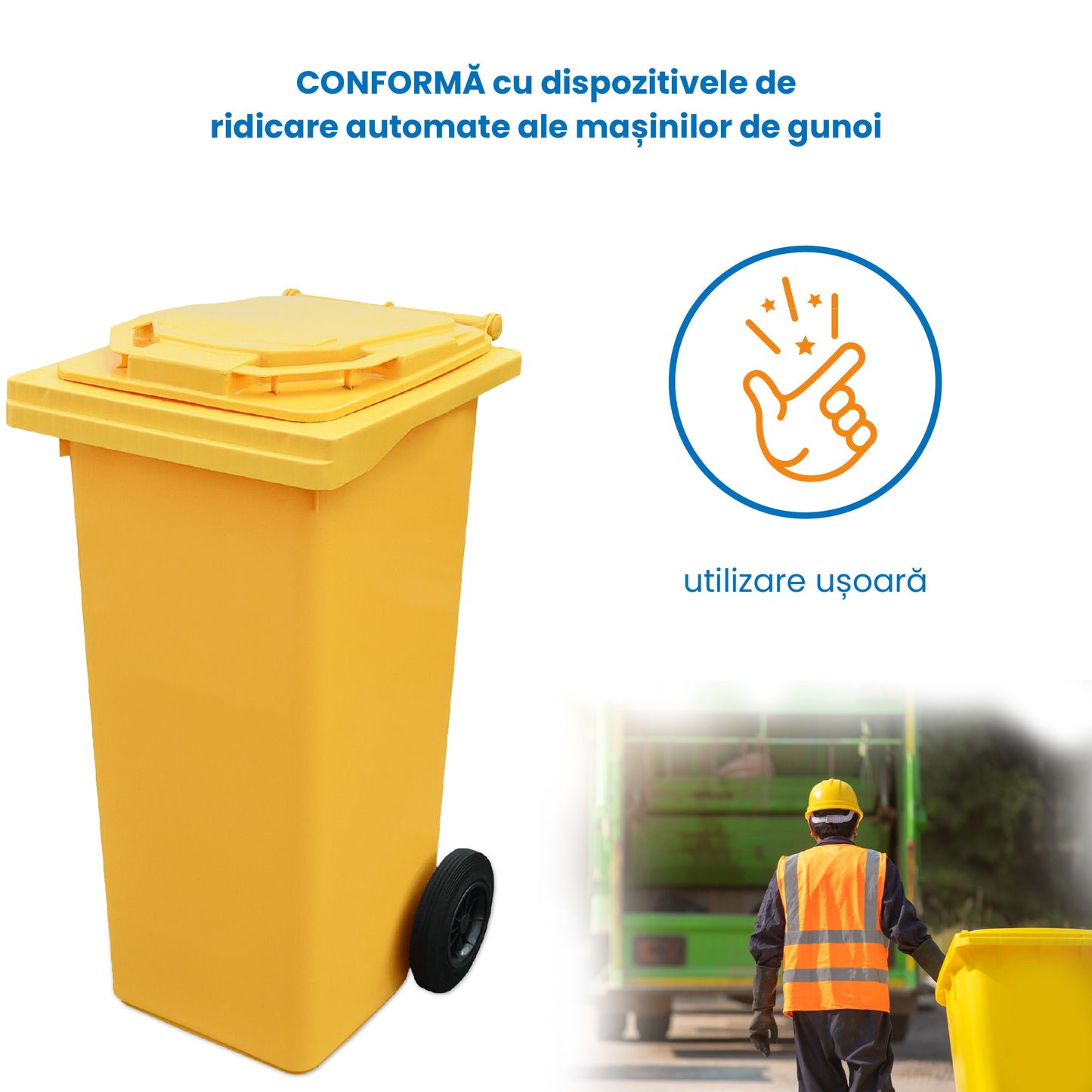 Pubela profesionala rezistenta, 240 l, IdealStore EcoPub, cu capac, roti durabile, din plastic de inalta densitate HPDE, rezistenta la inghet si la calduri mari, usor de curatat, galben