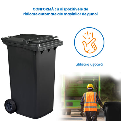 Pubela profesionala rezistenta, 120 l, IdealStore EcoPub, cu capac, roti durabile, din plastic de inalta densitate HPDE, rezistenta la inghet si la calduri mari, usor de curatat, negru