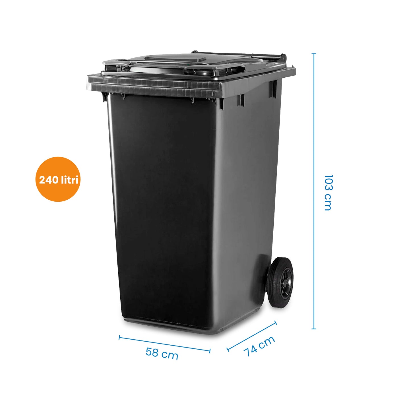 Pubela profesionala rezistenta, 240 l, IdealStore EcoPub, cu capac, roti durabile, din plastic de inalta densitate HPDE, rezistenta la inghet si la calduri mari, usor de curatat, negru