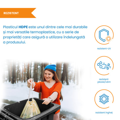 Pubela profesionala rezistenta, 240 l, IdealStore EcoPub, cu capac, roti durabile, din plastic de inalta densitate HPDE, rezistenta la inghet si la calduri mari, usor de curatat, negru