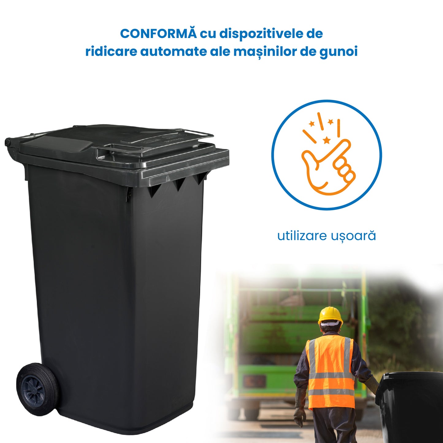 Pubela profesionala rezistenta, 240 l, IdealStore EcoPub, cu capac, roti durabile, din plastic de inalta densitate HPDE, rezistenta la inghet si la calduri mari, usor de curatat, negru