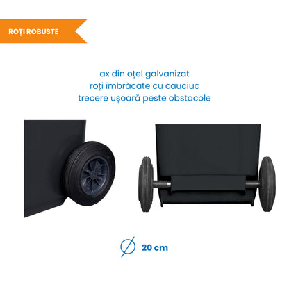 Pubela profesionala rezistenta, 240 l, IdealStore EcoPub, cu capac, roti durabile, din plastic de inalta densitate HPDE, rezistenta la inghet si la calduri mari, usor de curatat, negru