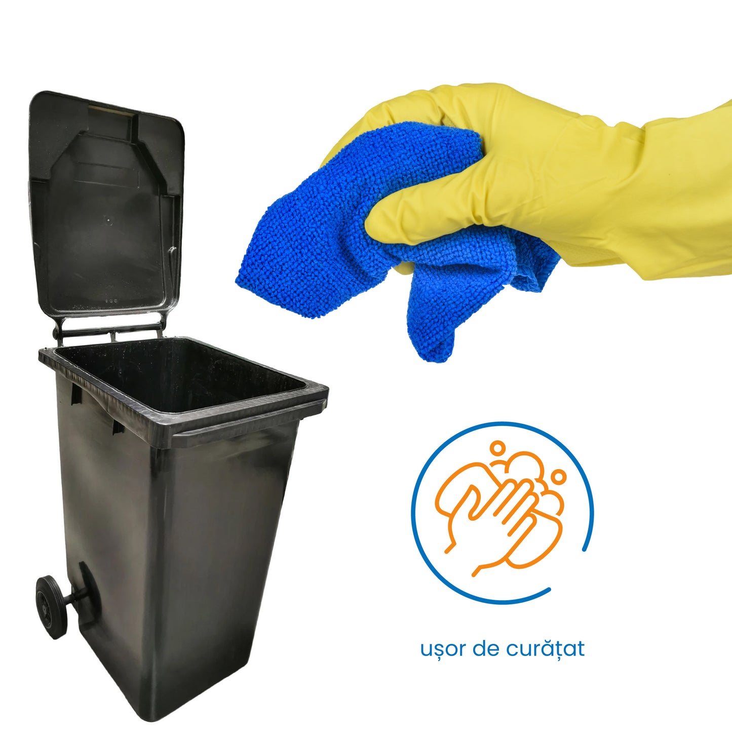 Pubela profesionala rezistenta, 240 l, IdealStore EcoPub, cu capac, roti durabile, din plastic de inalta densitate HPDE, rezistenta la inghet si la calduri mari, usor de curatat, negru