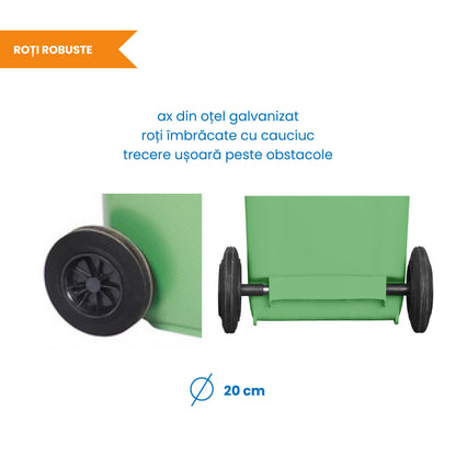 Pubela profesionala rezistenta, 120 l, IdealStore EcoPub, cu capac, roti durabile, din plastic de inalta densitate HPDE, rezistenta la inghet si la calduri mari, usor de curatat, verde