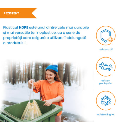 Pubela profesionala rezistenta, 240 l, IdealStore EcoPub, cu capac, roti durabile, din plastic de inalta densitate HPDE, rezistenta la inghet si la calduri mari, usor de curatat, verde