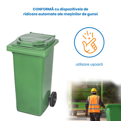 Pubela profesionala rezistenta, 240 l, IdealStore EcoPub, cu capac, roti durabile, din plastic de inalta densitate HPDE, rezistenta la inghet si la calduri mari, usor de curatat, verde