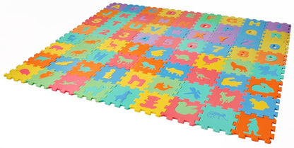 Puzzle IDL tip covor cu 72 Litere si Animale, Dimensiune piese 16x16 cm, Ajuta la dezvoltarea creativitatii si coordonarii Mana-Ochi pentru copii, Material Burete, Culoare Multicolor