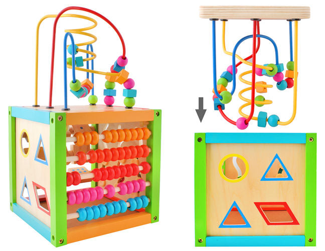 Centru educational IDL , Model Cub 2 in 1 , Ajuta la dezvoltarea creativitatii si coordonarii Mana-Ochi pentru copii, Dezovolta Abilitati Cognitive Material Lemn Premium, Multicolor