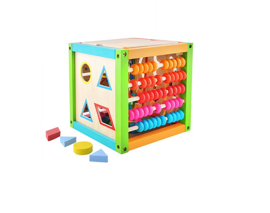 Centru educational IDL , Model Cub 2 in 1 , Ajuta la dezvoltarea creativitatii si coordonarii Mana-Ochi pentru copii, Dezovolta Abilitati Cognitive Material Lemn Premium, Multicolor