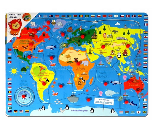 Puzzle educativ din lemn idealSTORE MAP World Mine, Dimensiuni 40 x 30 x 1.5 cm, Include 16 piese in culori expresive, Ajuta la antrenarea gandirii prin distractie si educatie