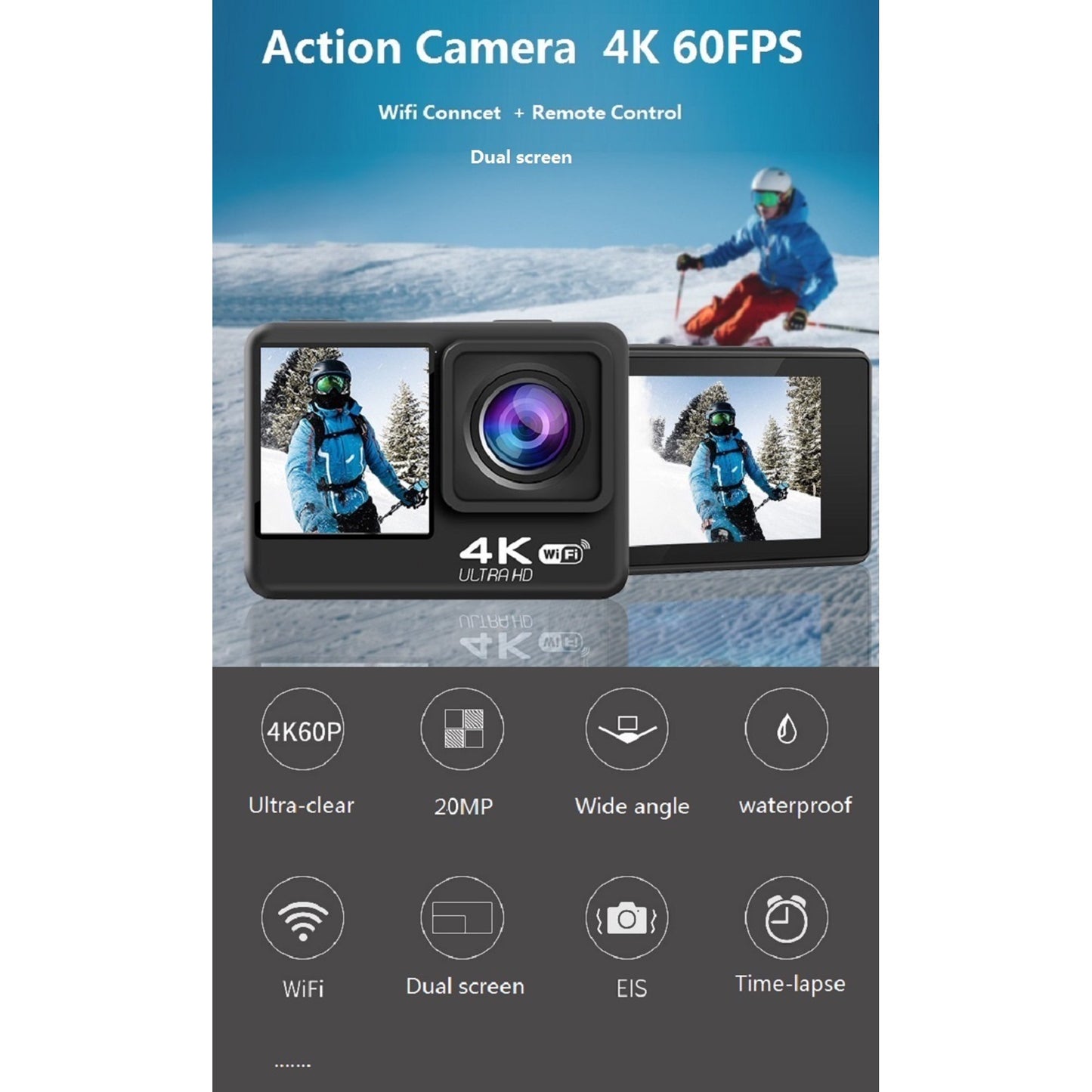 Camera de Actiune idealSTORE SmartGO-Cam 4K Ultra HD, Foto 16 MP, Video 4K/30fps, Waterproof 30 m, Telecomanda, Functie de Inregistrare, Autonomie 90 minute, Unghi Larg 170, Wifi, Ecran Tactil