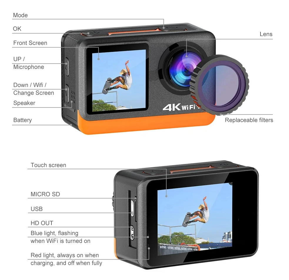 Camera de Actiune Multifunctionala SmartGO-Cam idealSTORE, Ecran Dublu Color tactil IPS, 4K Ultra HD 60 FPS/120FPS, HDMI, Waterproof, Android / iOS, Photo Burst, Looping, Unghi de 170, Anti-Shake, Senzor de imagine, Difuzor, Control Wifi sau Telecomanda